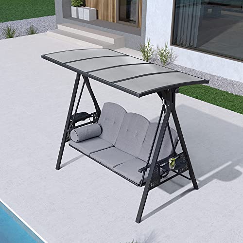PURPLE LEAF Outdoor Patio Porch Swing with Adjustable PVC Canopy, 3-seat Swing Chair Bench with Side Cup Holder for Backyard Front Porch Lawn
