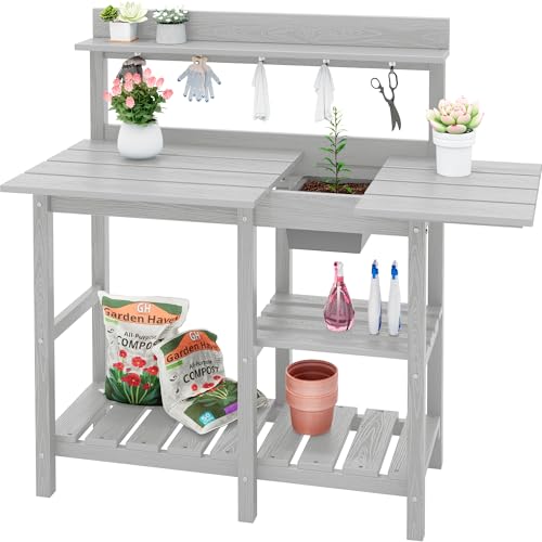 SERWALL Potting Bench Outdoor Potting Table with Sink, HDPE Potting Benches for Outside Gardening Table All Weather Use- Black