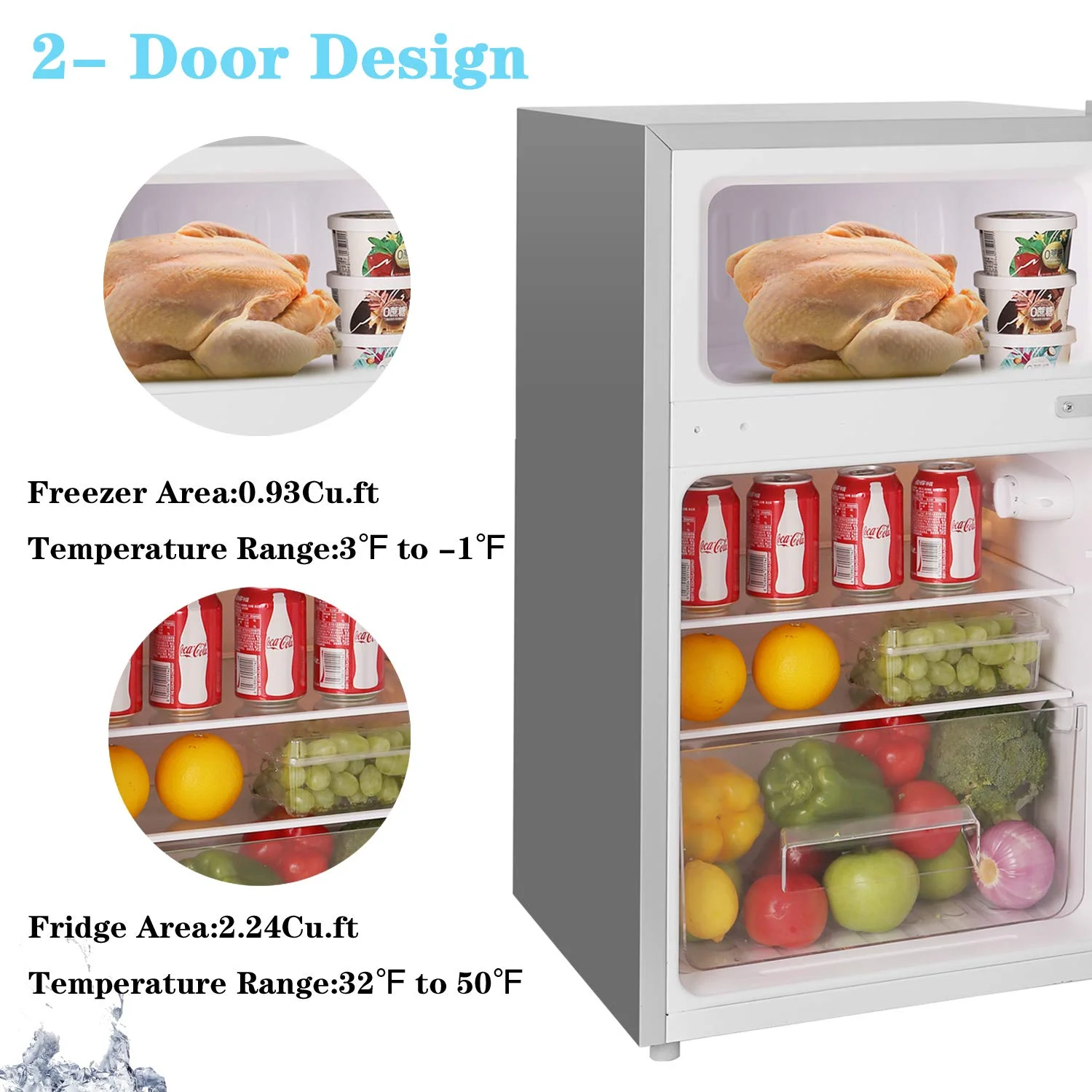 3.2 Cu.ft Compact Refrigerator Double Door Mini Fridge with Top Door and Removable Glass Shelves, Beverage and Food Storage Cooler for Office