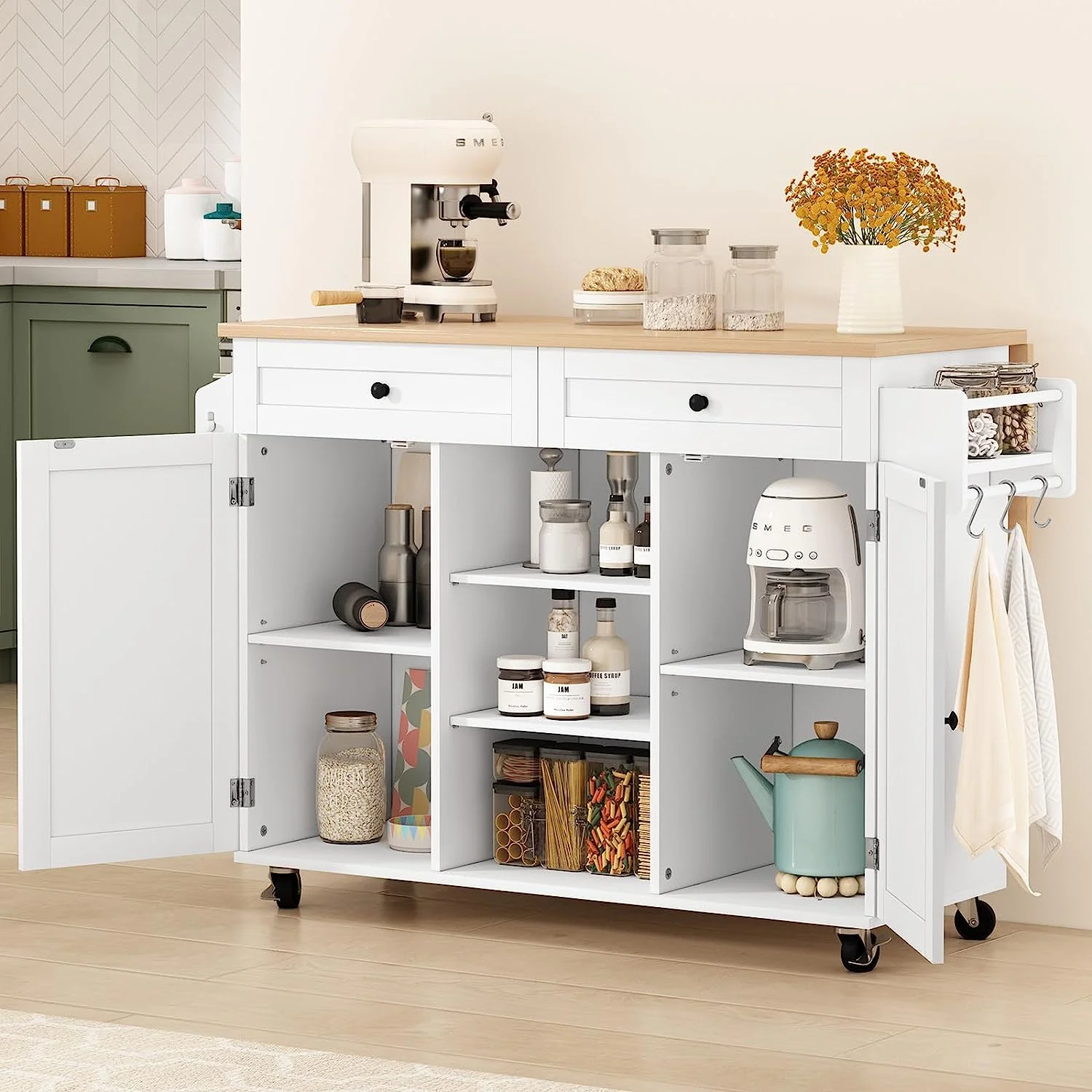 HLR Kitchen Island on Wheels, Kitchen Island with Storage&Drop Leaf, Island Table for Kitchen，White