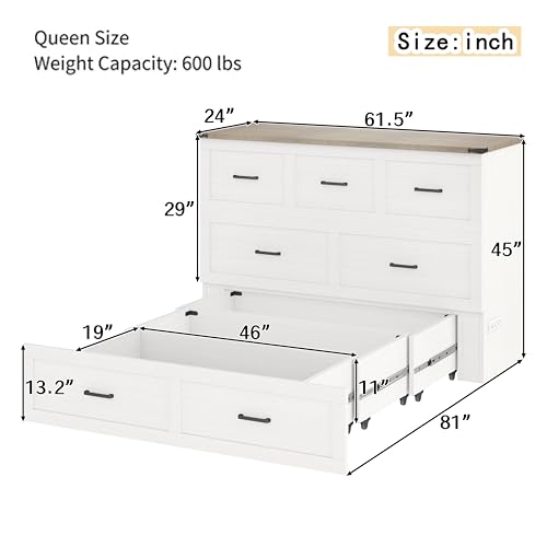 Queen Size Murphy Bed Cabinet with Charging Station, Farmhouse Murphy Bed with Large Storage Drawer, Foldable Wall Beds for Home Office, Small Room