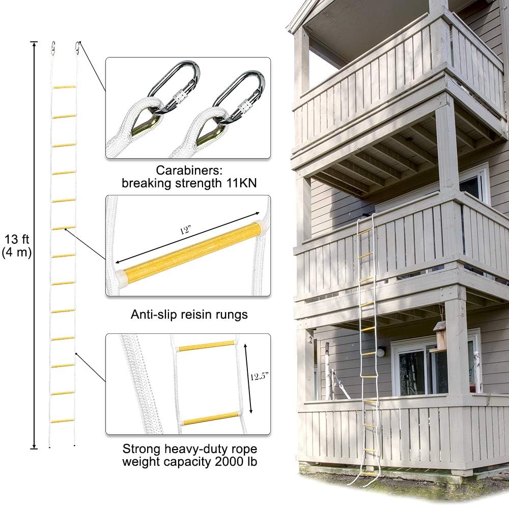 ISOP Fire Escape Ladder for Second Story Windows 13ft Weather Resistant Safety Rope Window Ladder Fire Escape 2 Story with Hooks (13ft with Hooks)