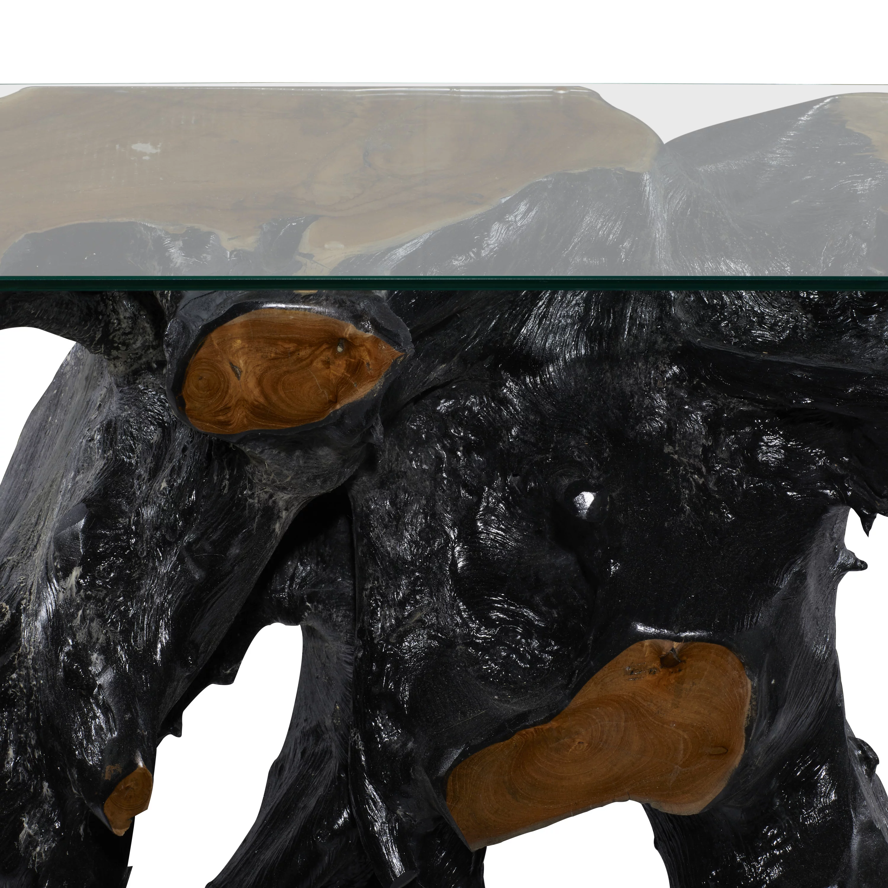 DecMode 49" x 32" Black Teak Wood Live Edge Tree Stump Console Table with Clear Glass Top, 1-Piece