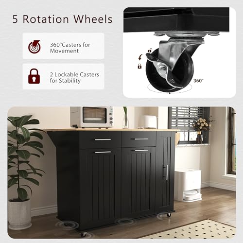 55.7'' Large Kitchen Island with 2 Drop Leaf, Rolling Kitchen Cart on 5 Wheels with Power Outlet