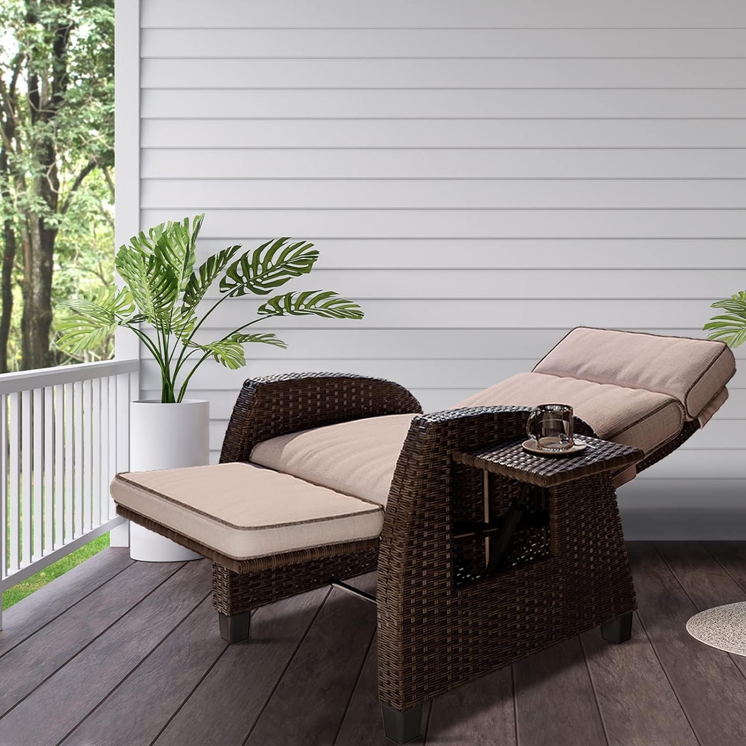 Yangming Patio Reclining Adjustable Lounge Chair with Hand-Woven Wicker, Rust-Resistant Frames, and Thick Cushion for Indoor & Outdoor, Beige