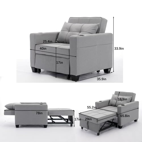 3-in-1 Sofa Bed Chair, Convertible Sleeper Chair Bed with 2 Cupholders & Adjust Backrest, Chaise Lounge Chair,Single Bed