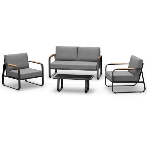 EAST OAK Courtyard Patio Furniture Set, 4-Piece Outdoor Patio Set with Sofa, Removable & Washable Deep Seating Cushion, Tempered Glass Table