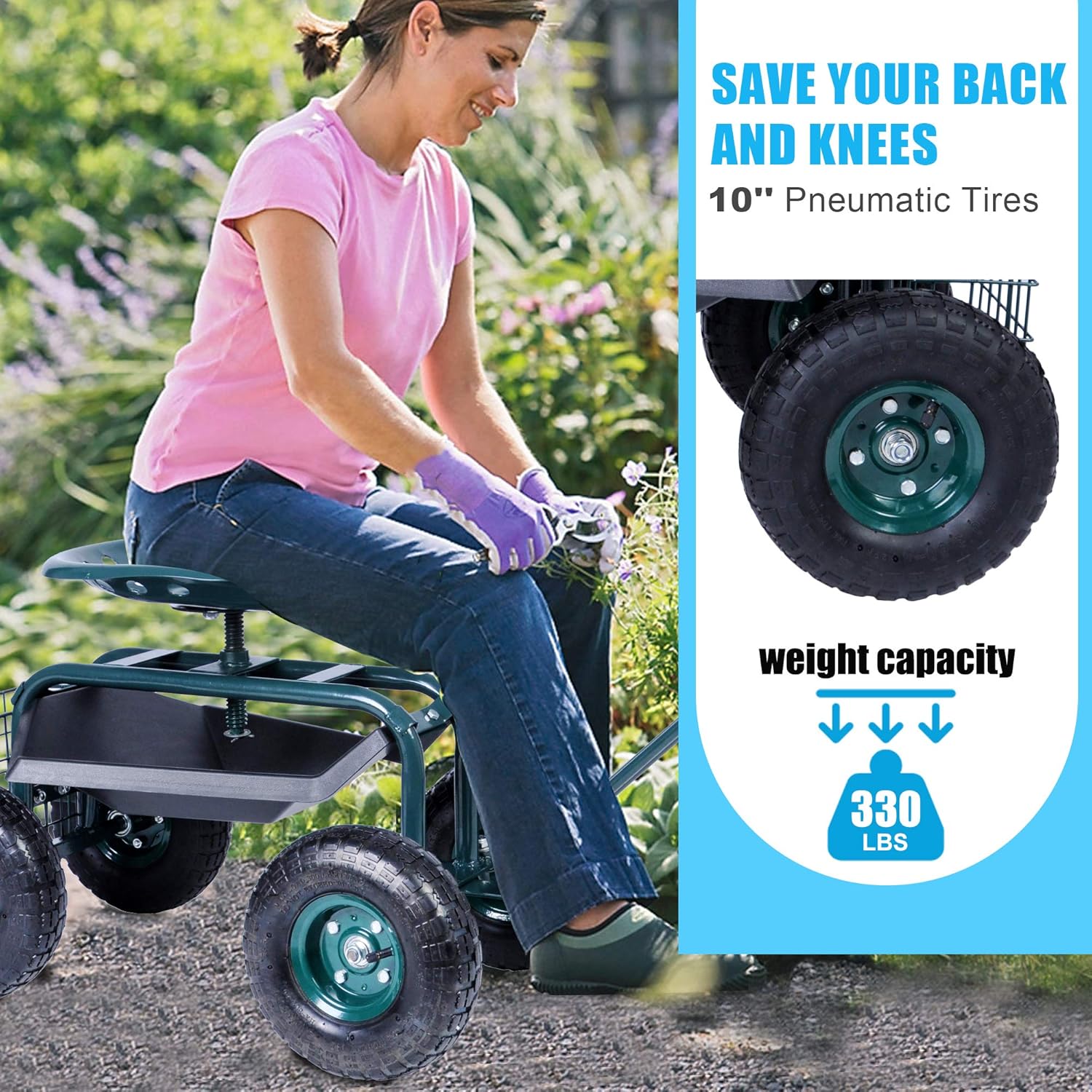 Dporticus Rolling Garden Steerable Tool Cart Scooter with Extendable Steer Handle,360 Swivel Seat and Tool Storage Basket, Green