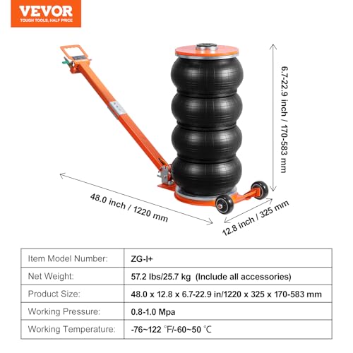VEVOR Air Jack, 6 Ton/13000 lbs Quadruple Bag Air Jack, Lift up to 26.5", with Heightened Column & Adjustable Handle, Thick Rubber Pad