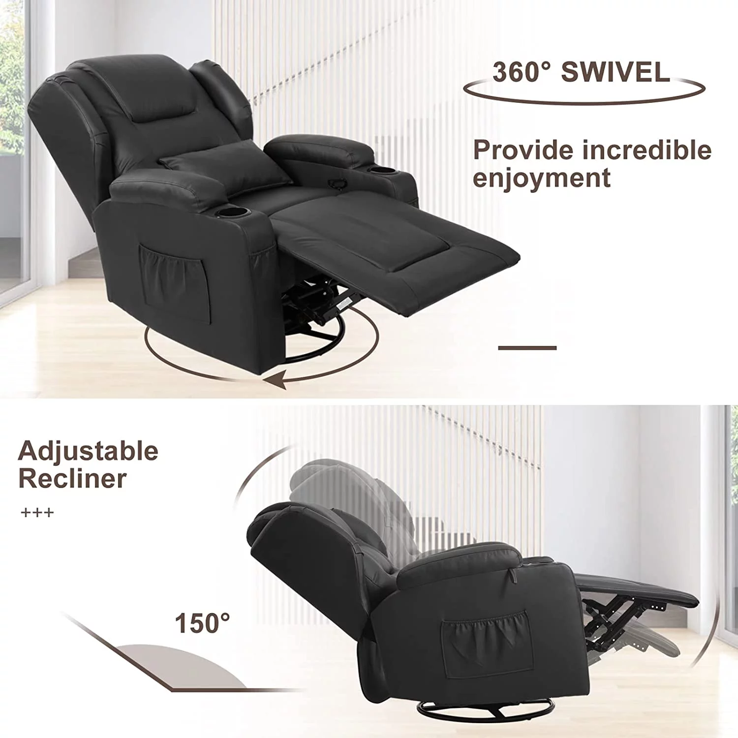 IPKIG Manual Recliner Chair, Faux Leather 360 Degree Swivel Rocker Recliner Chairs for Living Room