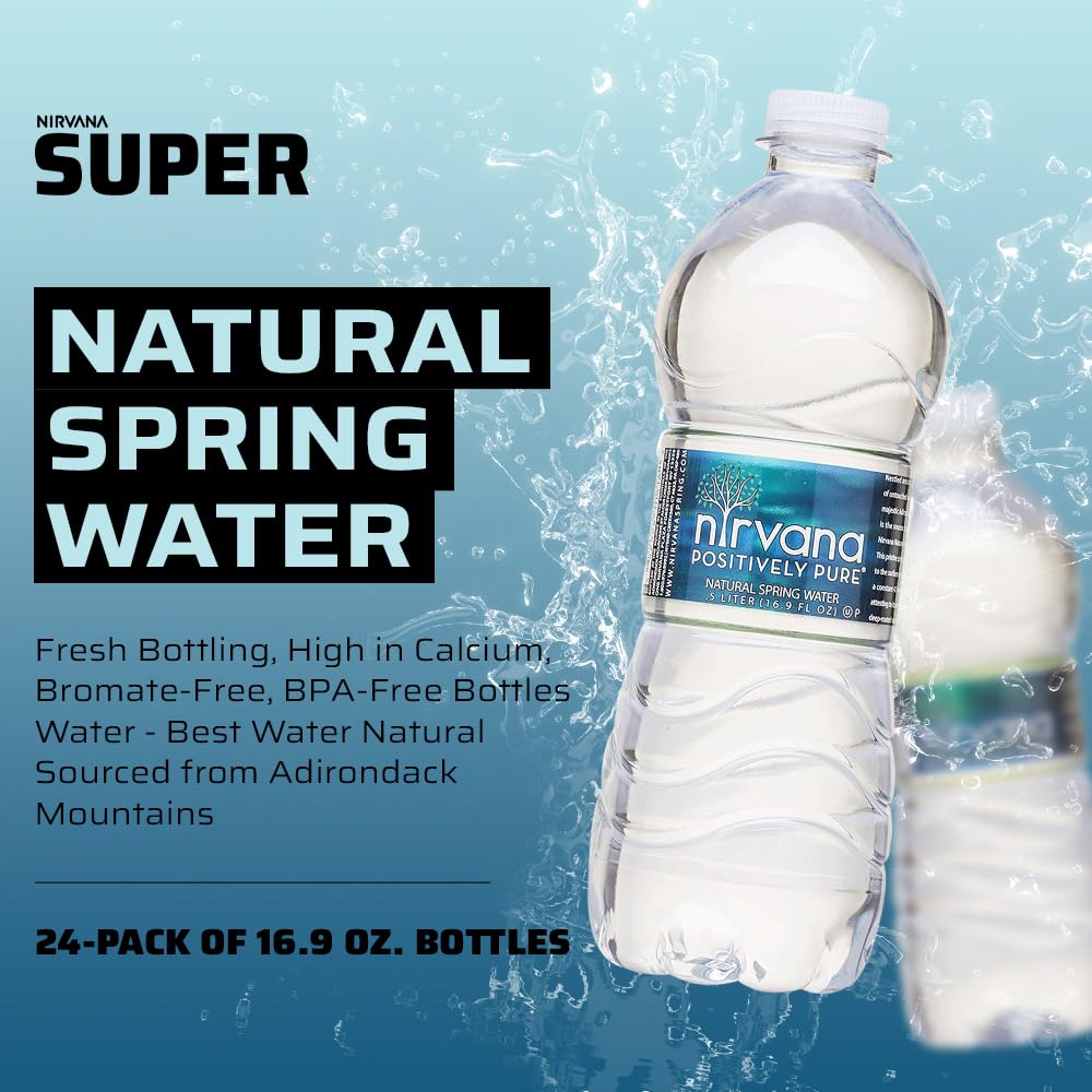 Nirvana Natural Spring Water - Fresh Bottling, High in Calcium, Bromate-Free, BPA-Free Bottles Water
