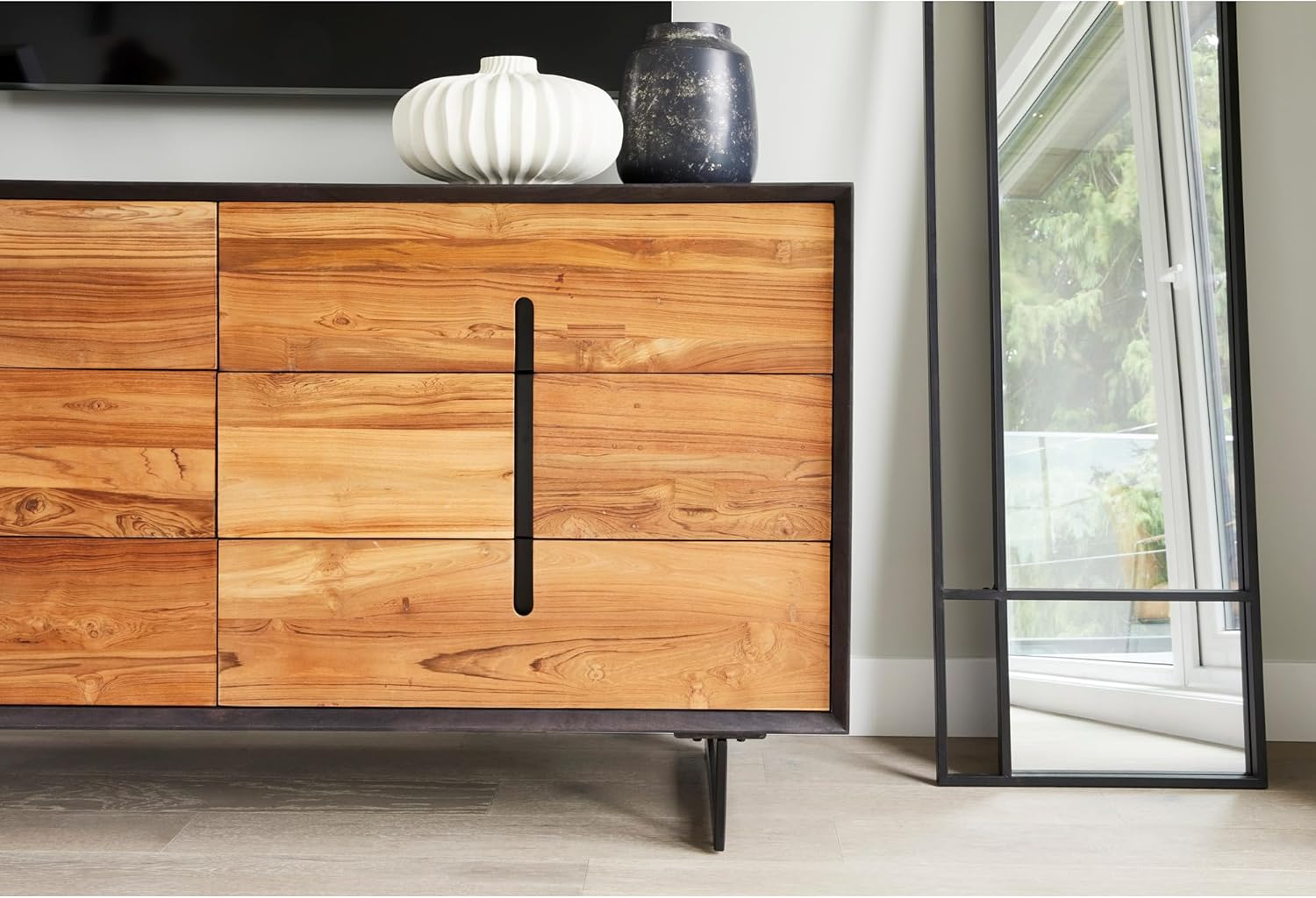 Lennox, Dresser, Scandinavian Solid Mango Wood with Reclaimed Teak Doors and Steel Legs, 6 Drawers, Light Brown