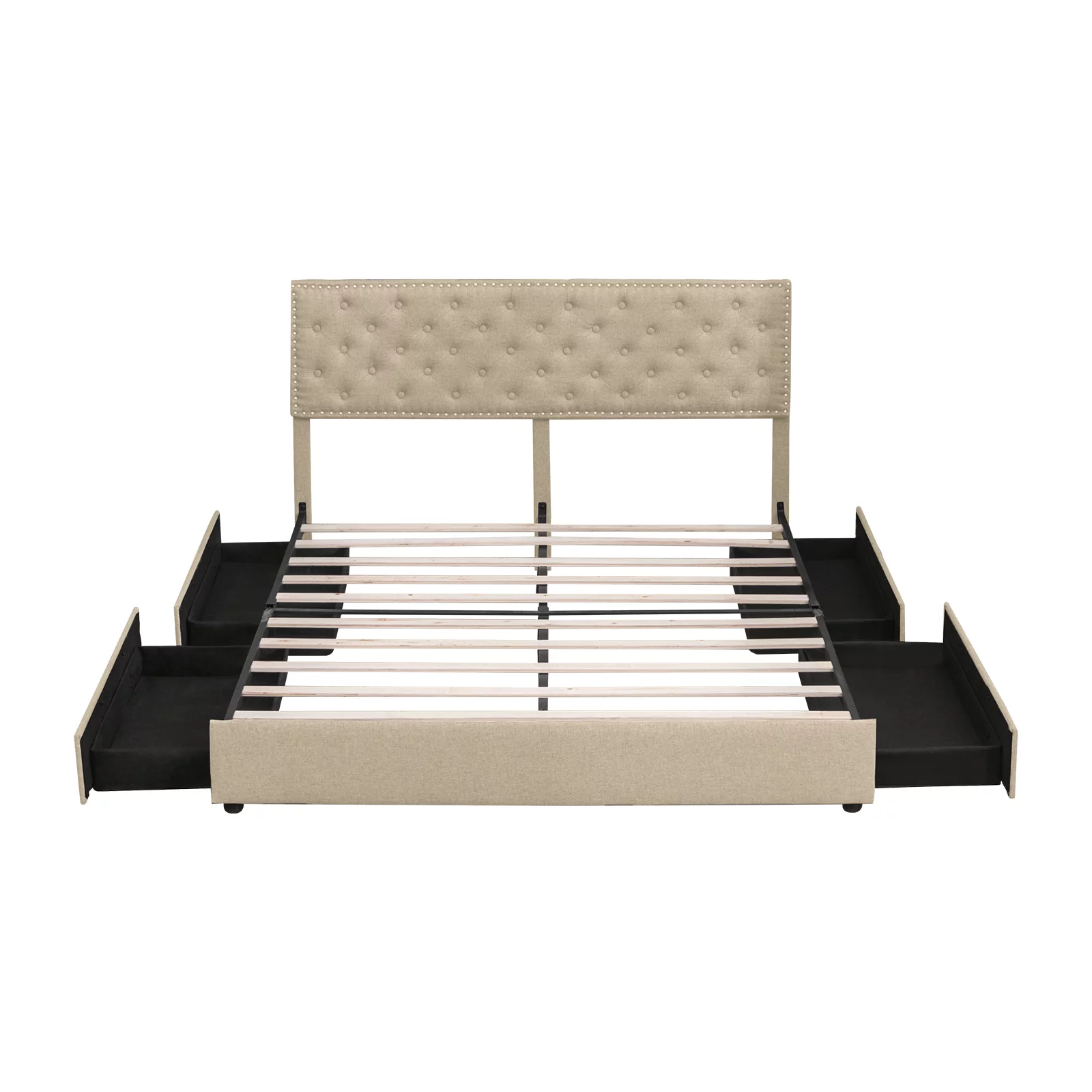 MUZZ Platform Bed Frame with 4 Large Storage Drawers, King Size Bed Frame with Adjustable Tufted Headboard, No Box Spring Needed, Wood Slats Support