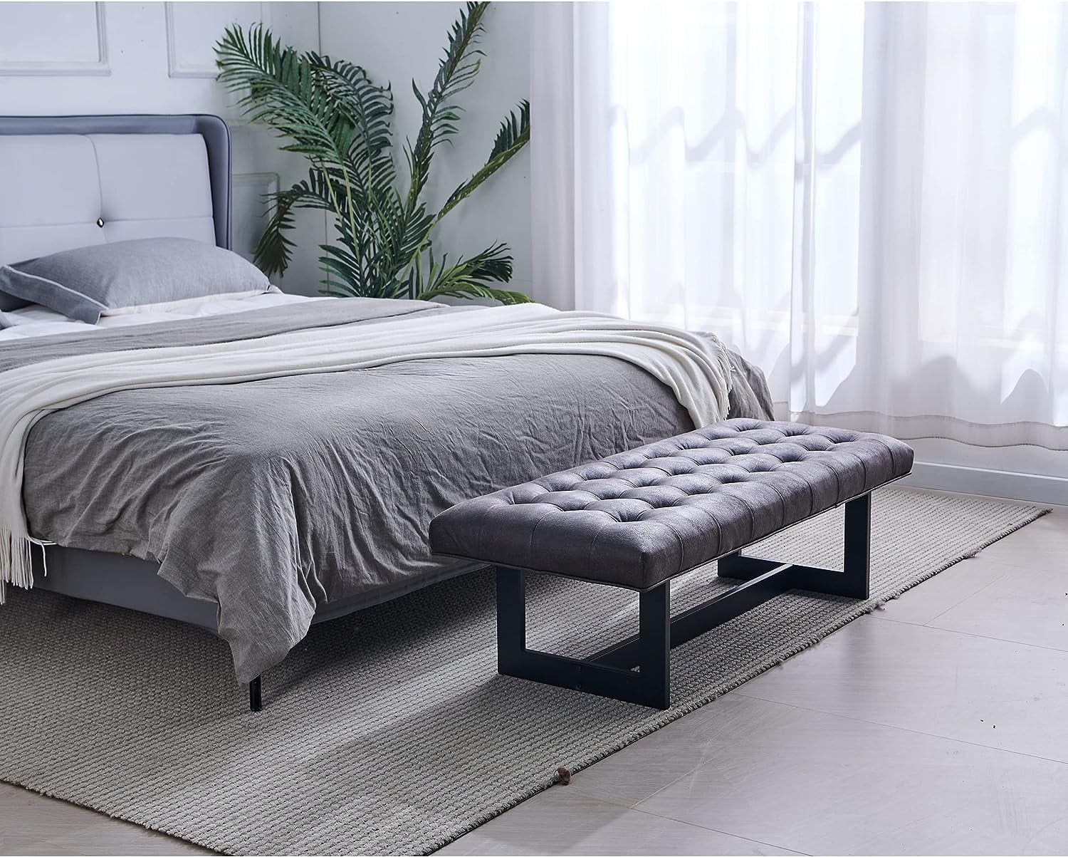 Nathaniel Home Button-Tufted Kids Ottoman, Upholstered Bedroom Benches, Vegan Leather Footrest Stool Accent Bench