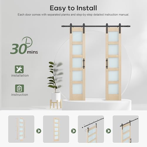 42x84 inch Glass Sliding Barn Door Slab with 7ft Hardware Kit Included, 5-Panel Frosted Glass, Spruce Wood Support DIY Dyeing, Easy Assembly