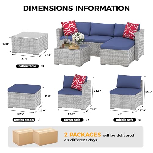 6 Piece Outdoor Patio Furniture Set with Coffee Table, Rattan Deck Conversation Sofa Set