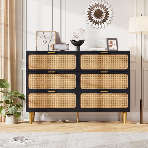Rattan 5 Drawer Dressers for Bedroom, Tall Dresser with Deep Drawers, Large Chest of Drawers for Closet with Wide Top