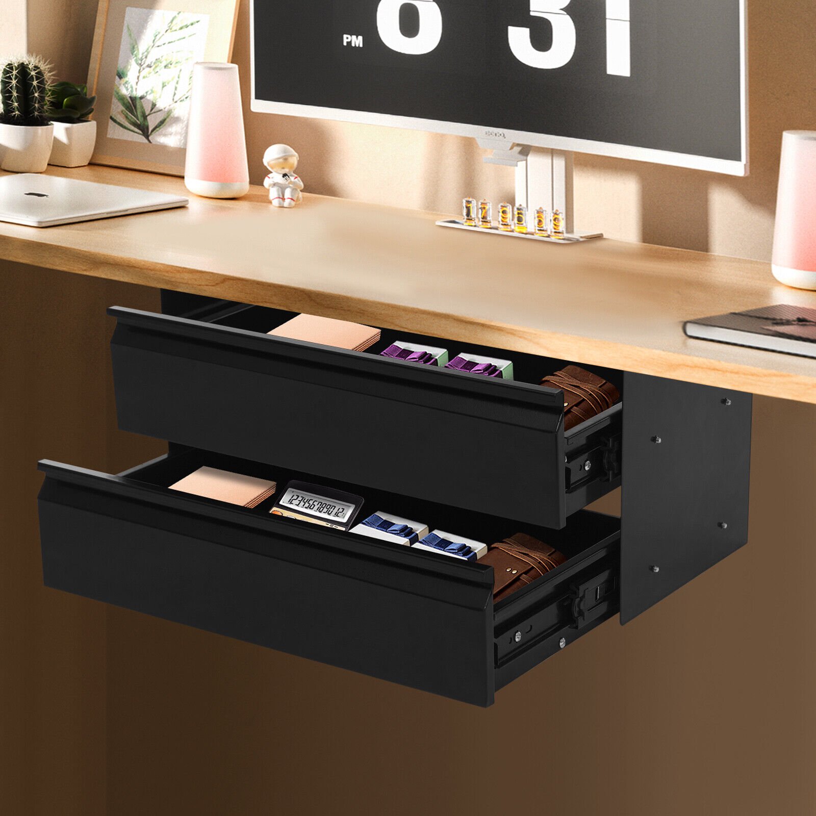 2-Tier Under Desk Sliding Drawer Organizer, Black Steel Pull-Out Storage Tray for Office Study, 6.6LB Capacity