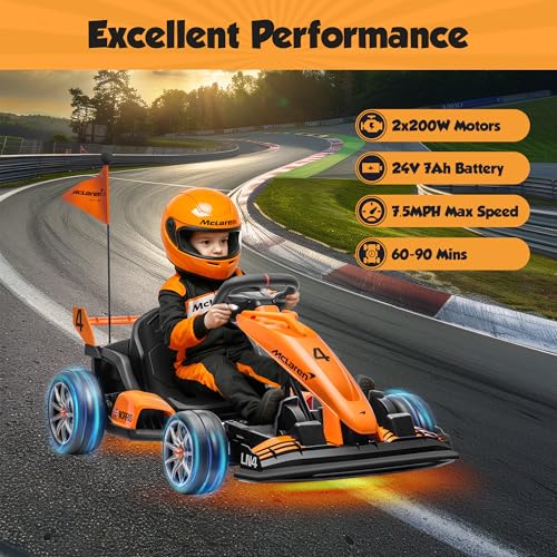 ENYOPRO 24V 7Ah Electric Go Kart for Kids, Licensed McLaren Go Cart w/3-Section Adjustable Seat, Soft Start & Brake Pedal