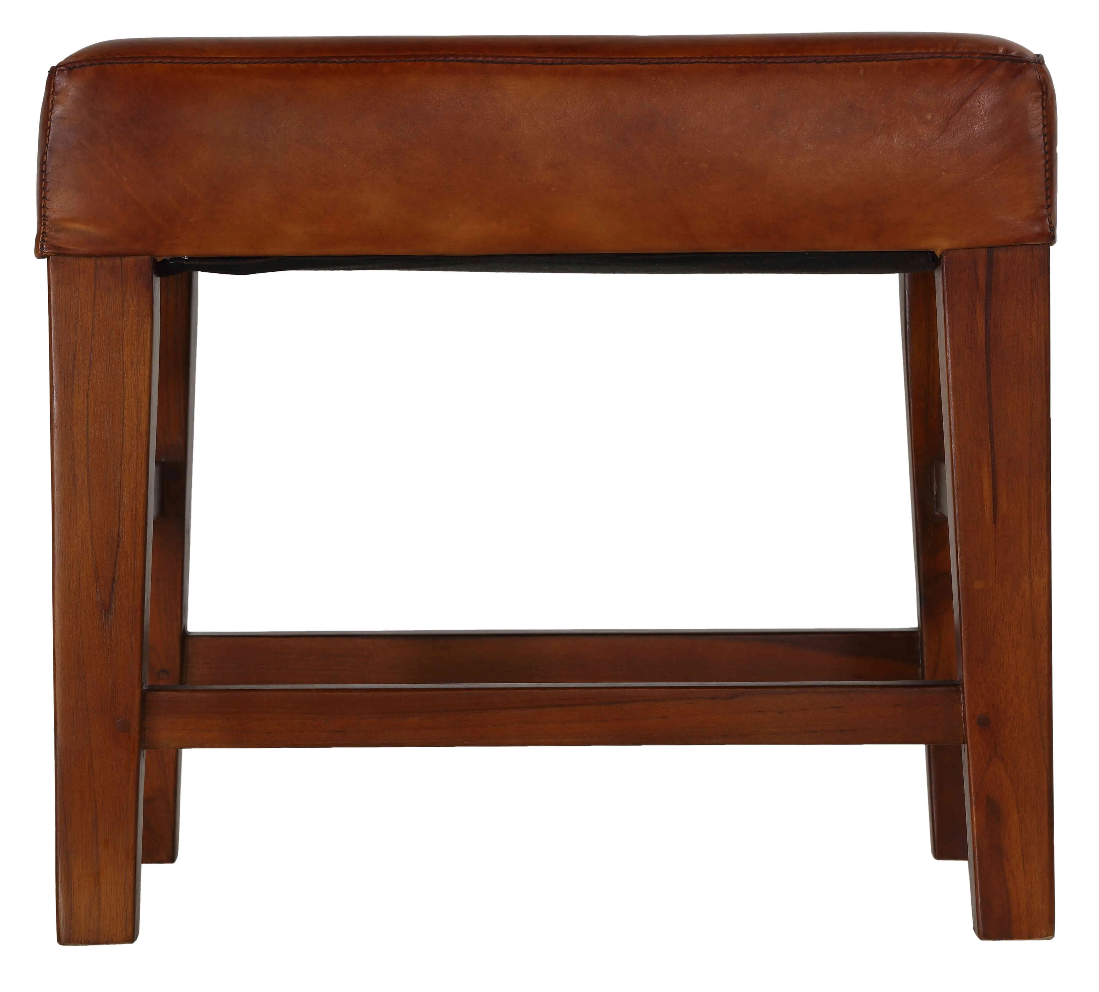 Bare Decor Alvin Genuine Leather Ottoman with Solid Teak Wood Legs, Brown