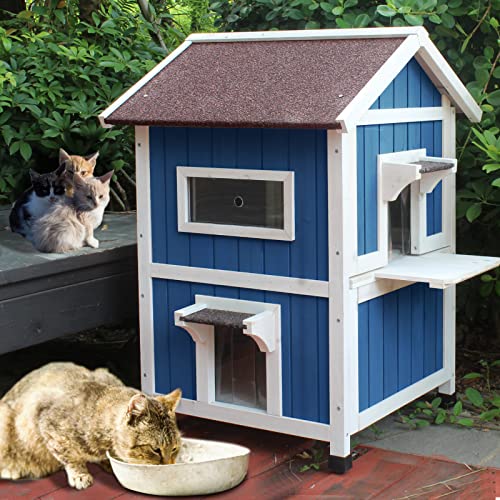 Rockever Outdoor Cat House, Large Outdoor Houses for Feral Cats Wooden Outside Cat Shelter Weatherproof with Escape Door