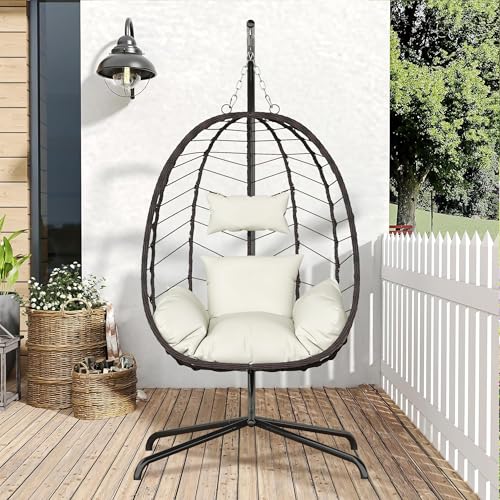 Hanging Egg Chair with Stand, Swinging Egg Chair Outdoor Indoor, Hanging Basket Chair with Cushion