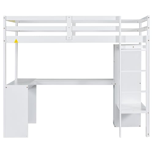 SOFTSEA Full Size Loft Bed with Desk & Wardrobe, Wood Loft Bunk Bed with Storage Shelves and Cabinets