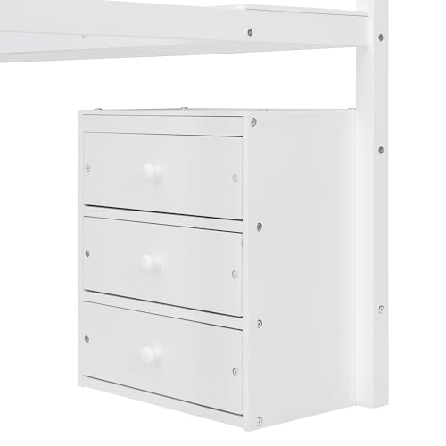 Modern Full Size Gaming Loft Bed with Built-in Desk and Storage Wardrobe, Wood Loft Bed Frame with Light Strip and 2 Drawers