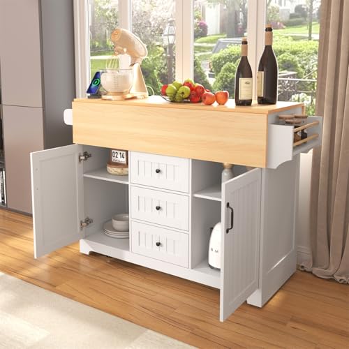 Linique 55.7" W Kitchen Island with 2 Drop Leaf, Moblie Kitchen Cart on Wheels with Storage Cabinet, 3 Drawers