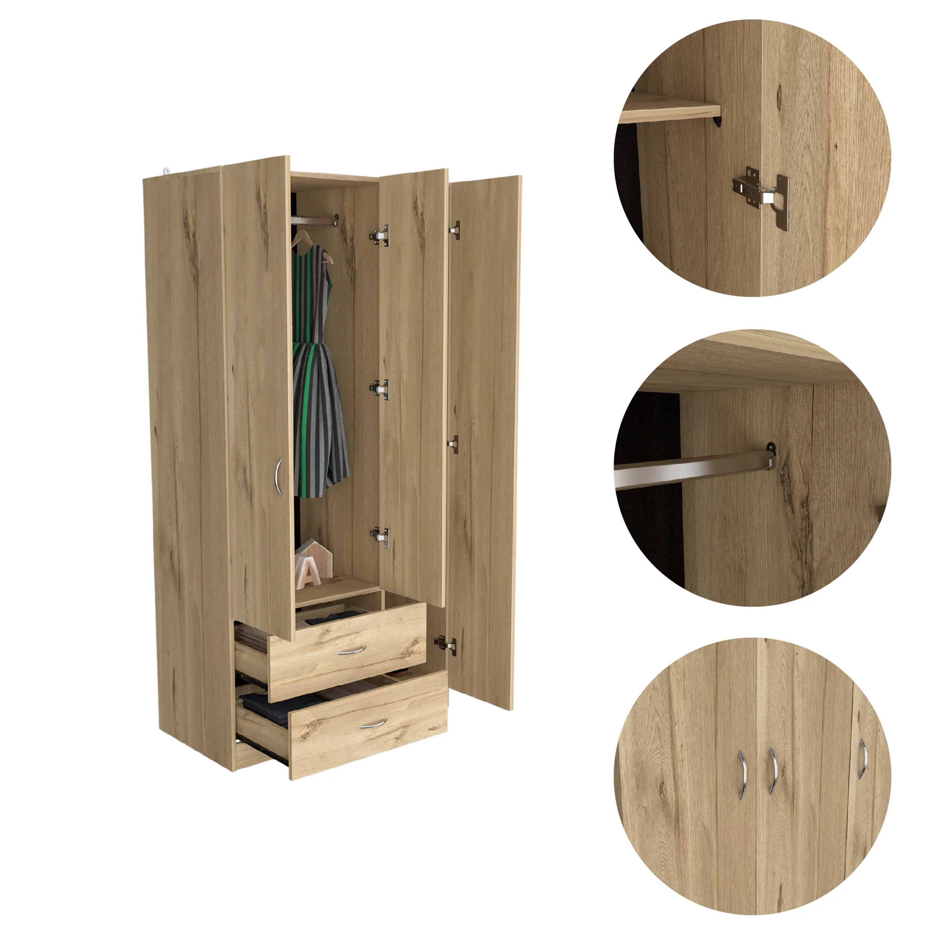 Boahaus Dortmund Modern Beige Bedroom Armoire, 3 Swing Opening Doors, Manufactured Wood