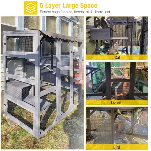 Aivituvin Cat House Outdoor Catio Kitty Enclosure with Super Large Enter Door,Wooden Cat Cage Condo Indoor Playpen with Platforms,Small House,70 Inch
