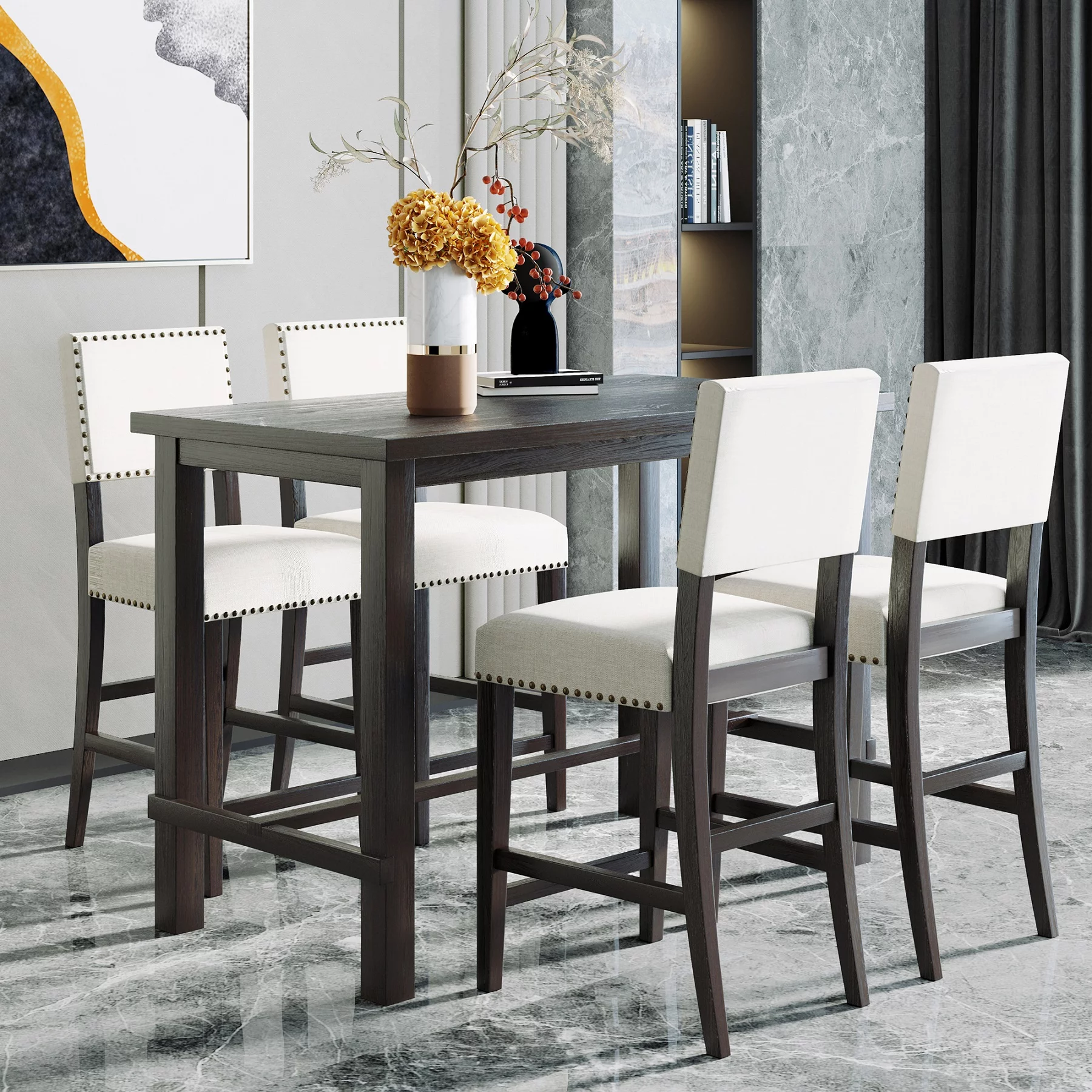 5 Piece Counter Height Bar Table with 4 Chairs, Classic Elegant Pub Table Set for Dining Room, Kitchen Room, Pub and Bistro - Radiant Selections