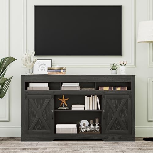 Farmhouse TV Stand for 65+ Inch TV, 34'' Tall Entertainment Center with Sliding Barn Doors