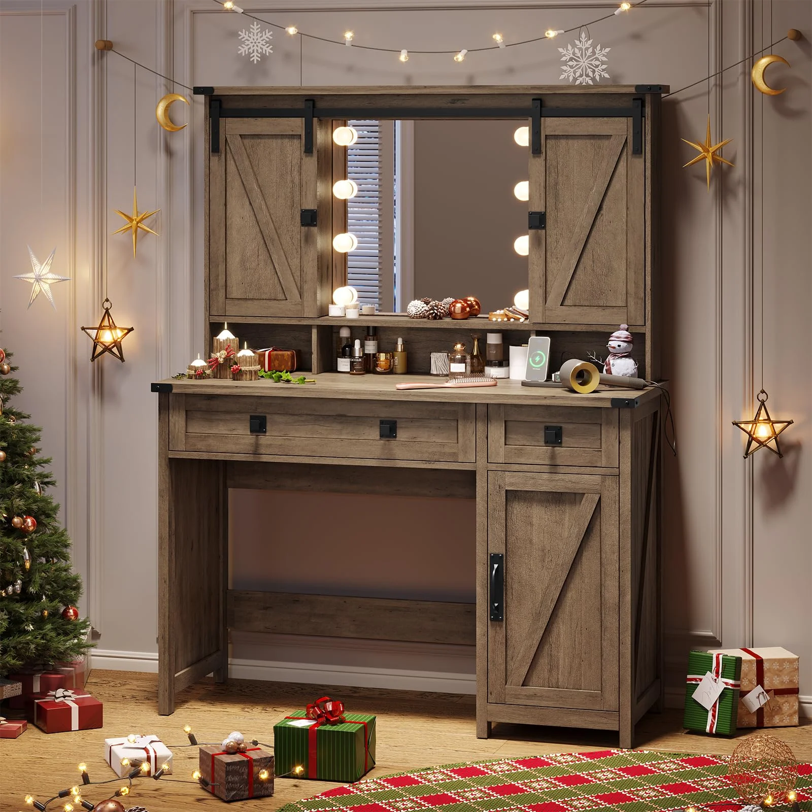 Vanity Table with Charging Station and Lights Mirror, Farmhouse Makeup Desk with Barn Doors, Brown