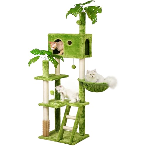 77in Cat Tree with Leaves for Indoor Cats Large Adult,Tall Cat Tower with Scratching Post, Large Cat Tree with Two Cat Condos, Soft Hammocks