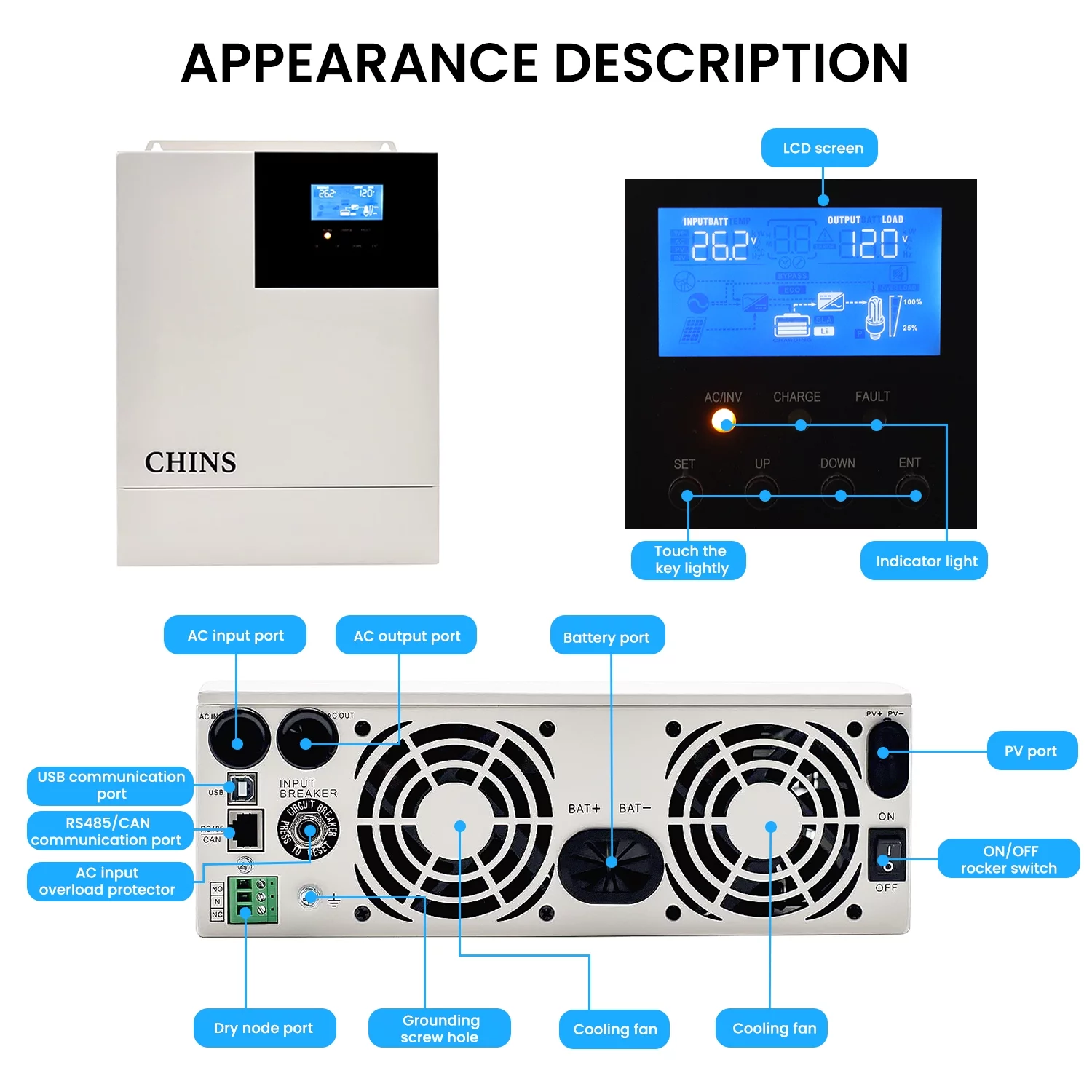 CHINS 24V 3000Watt All-in-One Solar Charger Inverter Suitable for 24V Lead-Acid/Lithium Battery