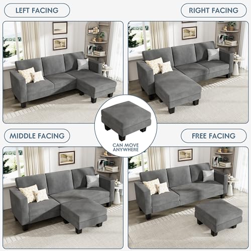 YESHOMY L-Shaped Convertible Sectional Sofa 3 Seater with Corduroy Fabric, Complete with Mobile Footrest, for Living Room, Apartment and Office, 70"