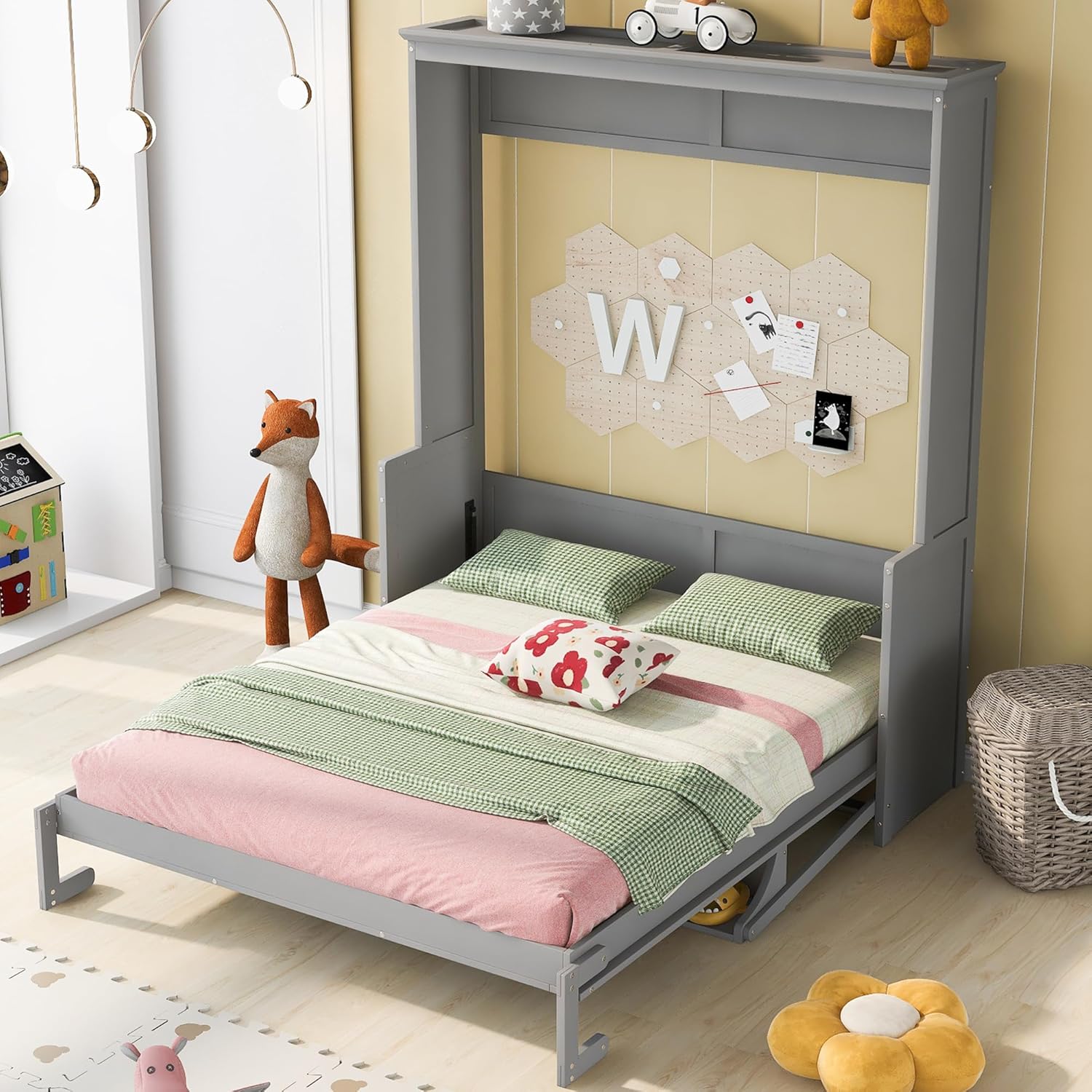 Queen Murphy Bed with a Shelf, Space-Saving Wall Bed for Guest Room or Home Office, Gray