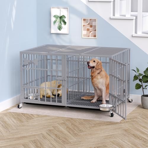 aboxoo 42/48 inch Heavy Duty Metal Dog Crate for 2 Dogs/Large Dog,All Metal Open Top,Dog Kennel Indoor with Wheels,Floor Grid, Tray