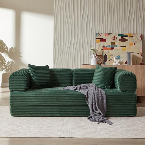 81" Foldable Convertible Sleeper Sofa Bed with Fixed-Shape Frame , Fluffy Corduroy Upholstered Folding Mattress Couch with Cylindrical Pillow