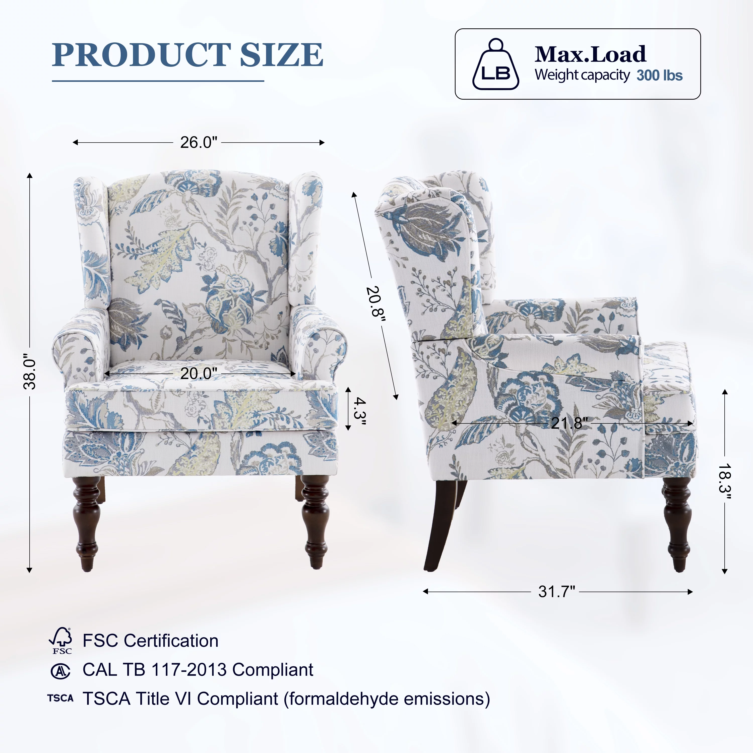 HUIMO Wingback Accent Chair, Upholstered Mid Century Modern Armchair with Solid Wood Legs, Fabric Linen Leisure Single Sofa Chair for Living Room