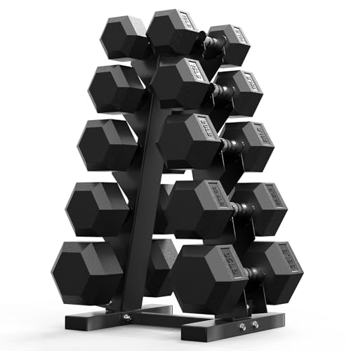 PAPABABE Hex Dumbbell Sets with Rack, 60-550lb Rubber Coated Dumbbell Weight Set and Storage Rack, Multiple Options Hand Weights for Strength Training