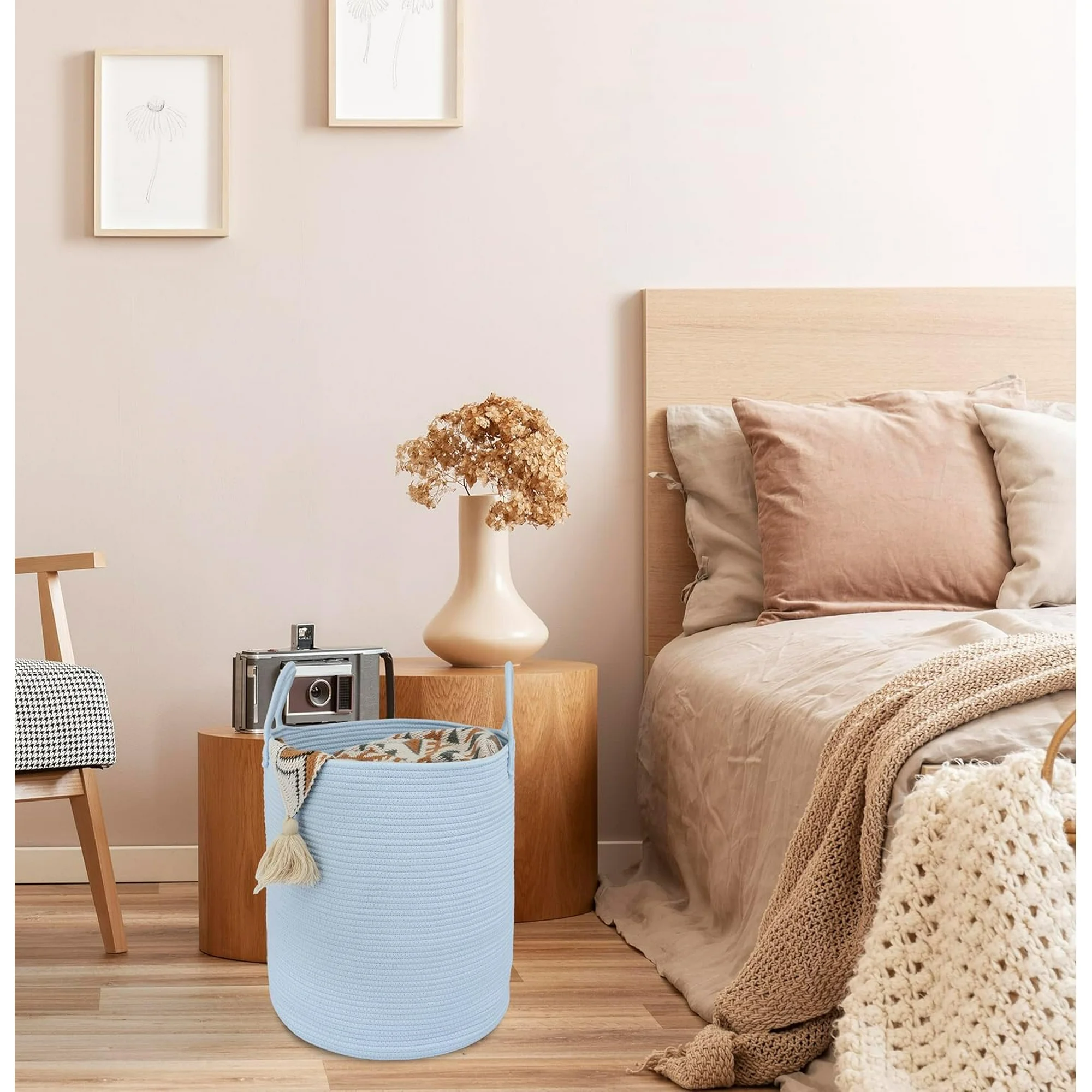 WarmHaven Rope Laundry Basket Hamper for Kids Girl Woven Storage Basket for Living Room Bedroom Boho Tall Baskets for Blanket Toys Pillow Towels Baby