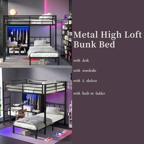 SOFTSEA Metal Bunk Bed with Wardrobe Full XL Over Twin L-Shaped Bunk Beds with Desk and Shelves for Kids Teens