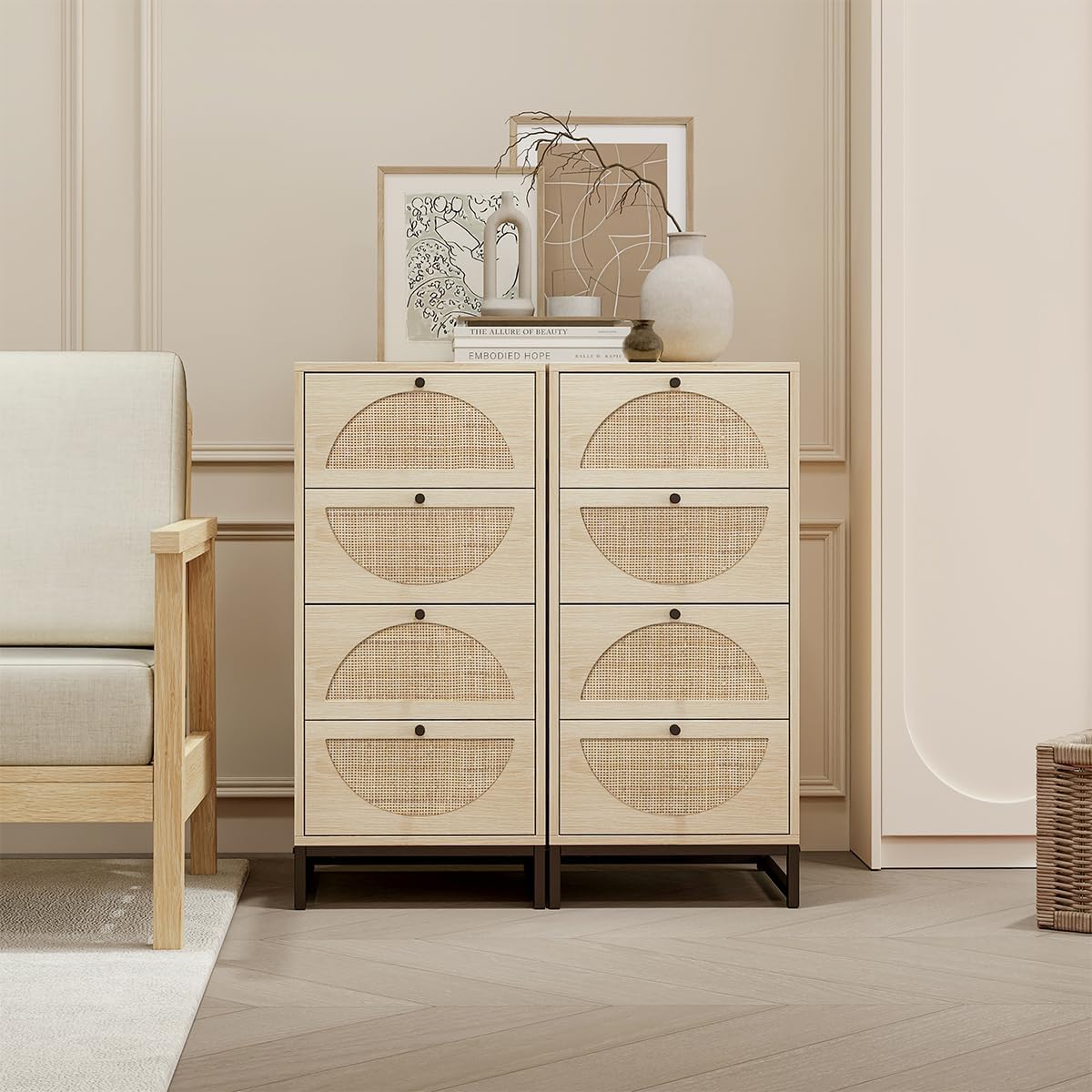 8 Drawers Dresser Storage Tower for Bedroom, Natural Rattan Dresser Modern Closet Dressers Chest of Drawers W/ Steel Legs