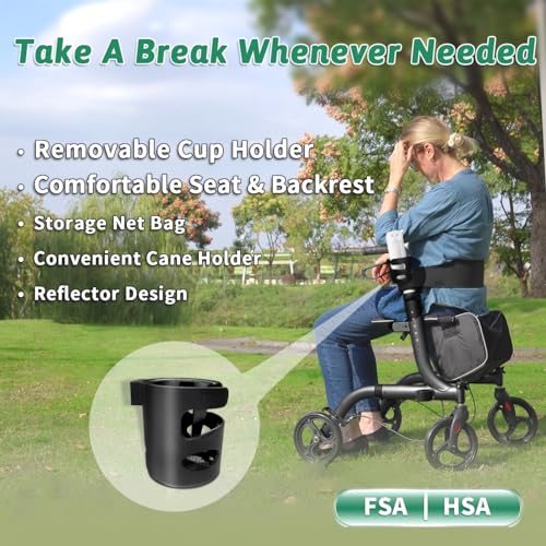 HSA/FSA Eligible Rollator Walker with Seat, Rolling Walkers for Seniors with Cup Holder, Foldable Lightweight Rolling Walker with Seat & Brakes