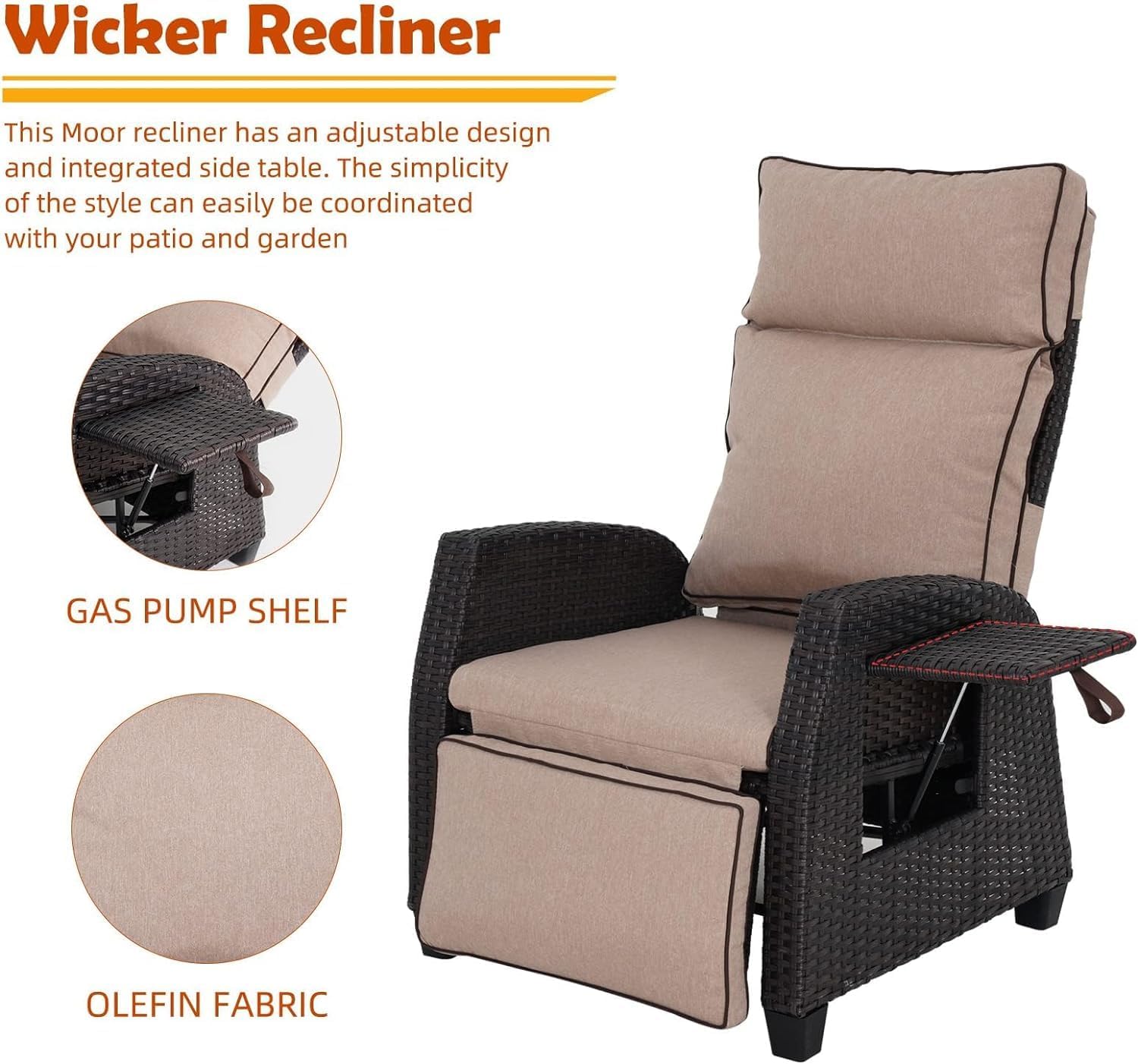 Yangming Patio Reclining Adjustable Lounge Chair with Hand-Woven Wicker, Rust-Resistant Frames, and Thick Cushion for Indoor & Outdoor, Beige