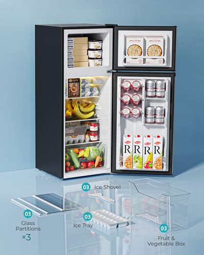 EUHOMY Mini Fridge with Freezer, 3.2 Cu.Ft Mini Refrigerator, Dorm Fridge with 2 Door For Bedroom/Apartment/Office-Food Storage Cooling Drink, Black