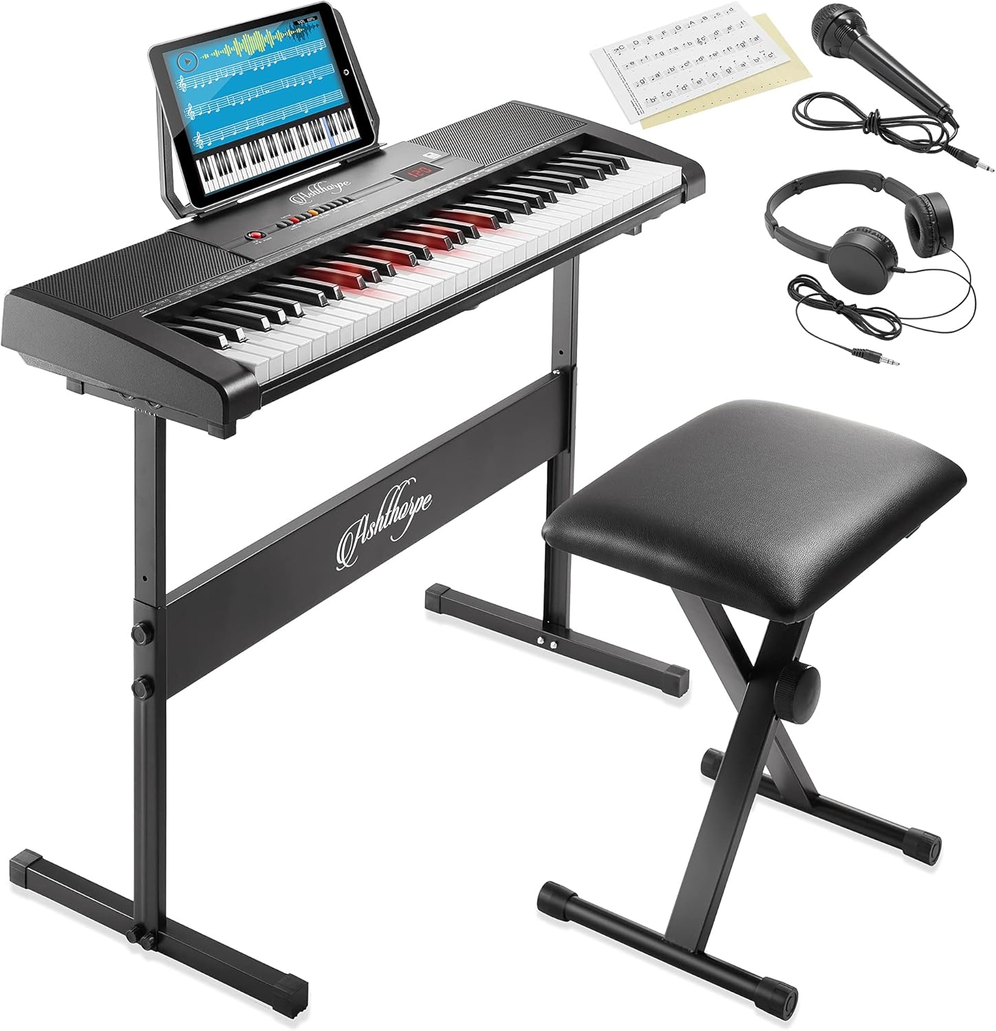 Ashthorpe 61-Key Digital Electronic Keyboard Piano with Light Up Keys, Includes Stand, Bench, Headphones, Mic and Keynote Stickers