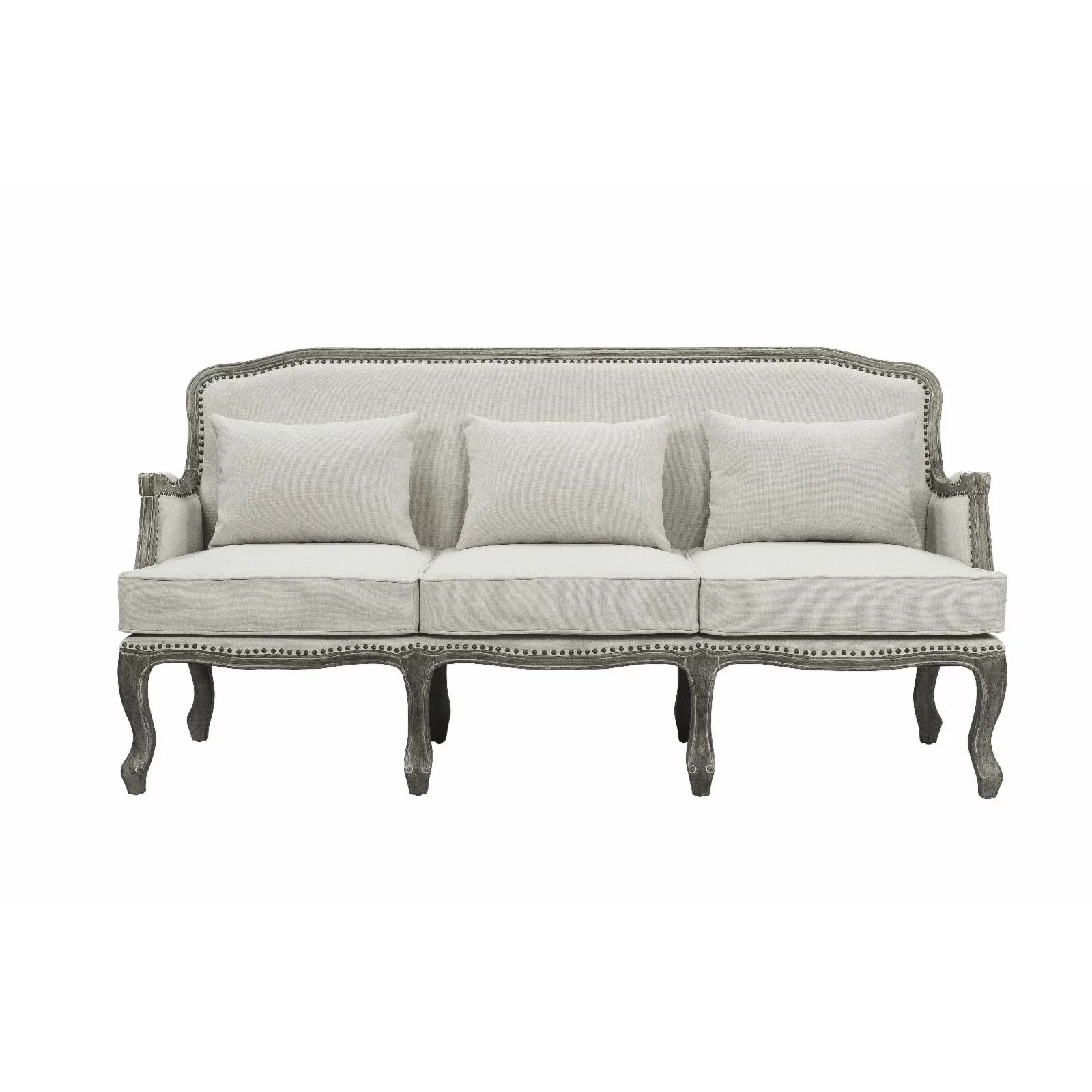 ACME Tania Upholstery Sofa with 3 Pillows in Cream Linen Fabric and Brown